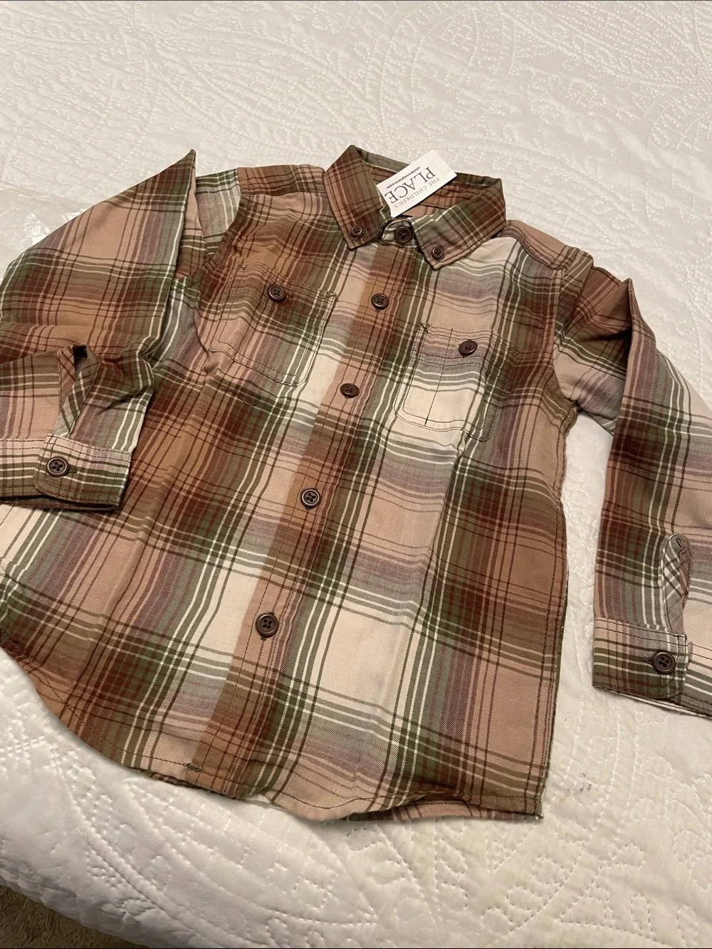 NWT $33 The Children’s Place 4T TRULY OLIVE Plaid Soft Long Sleeve Button Shirt